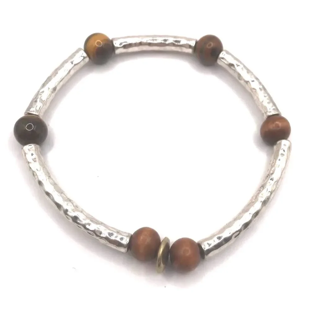 Silver Hammered and Tigers Eye Beaded Stretch Bracelet